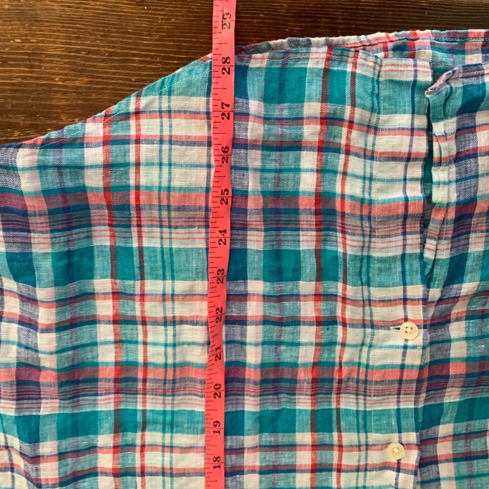 Club Room Luxury‎ Mens Medium 100% Linen Plaid Button Down Shirt Teal Pink - Picture 7 of 7